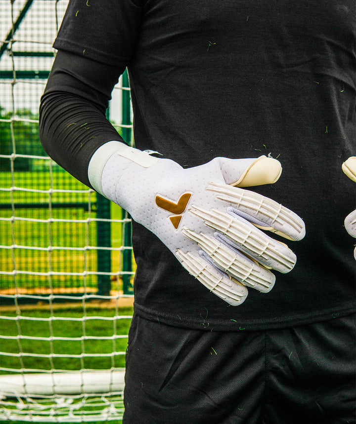 Person wearing black Professional Goalkeeper gloves with a Tigear logo, standing in front of a netted background